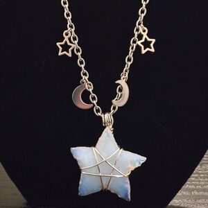 Wire Wrapped Star Opalite Necklace with Moon and Star Accents Choker Style 16"